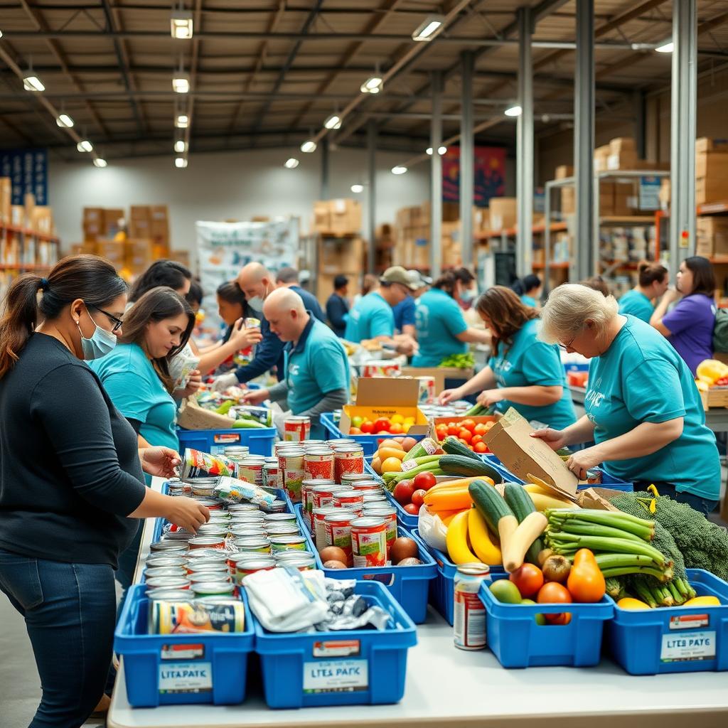 Volunteers sorting food at a busy food bank.