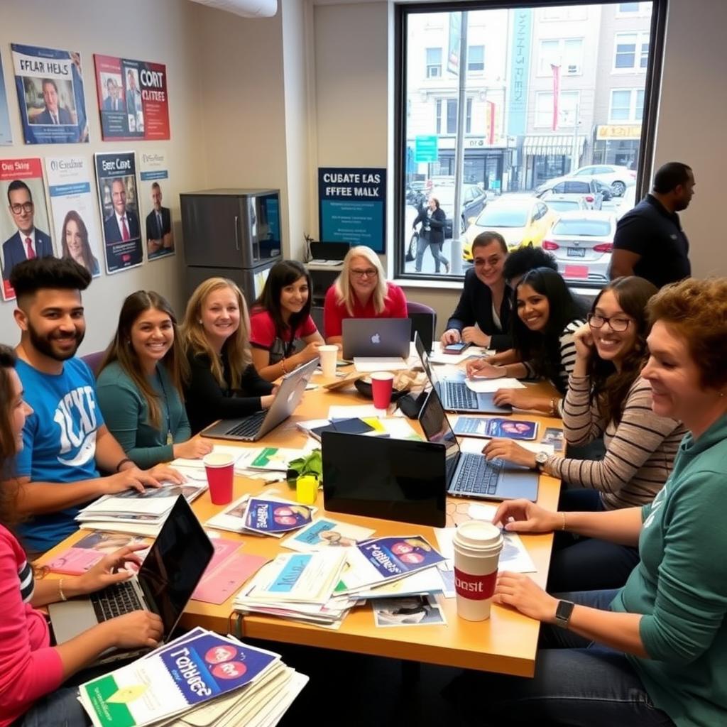 A group of volunteers collaborates in a lively campaign office, surrounded by posters and election materials.