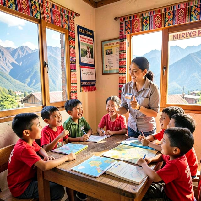 Volunteer teaching children in a classroom in Nepal