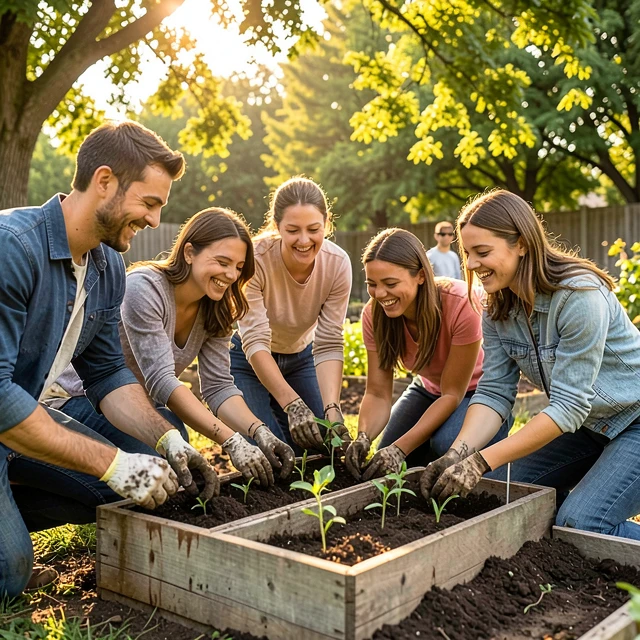 Diverse young volunteers planting in a community garden