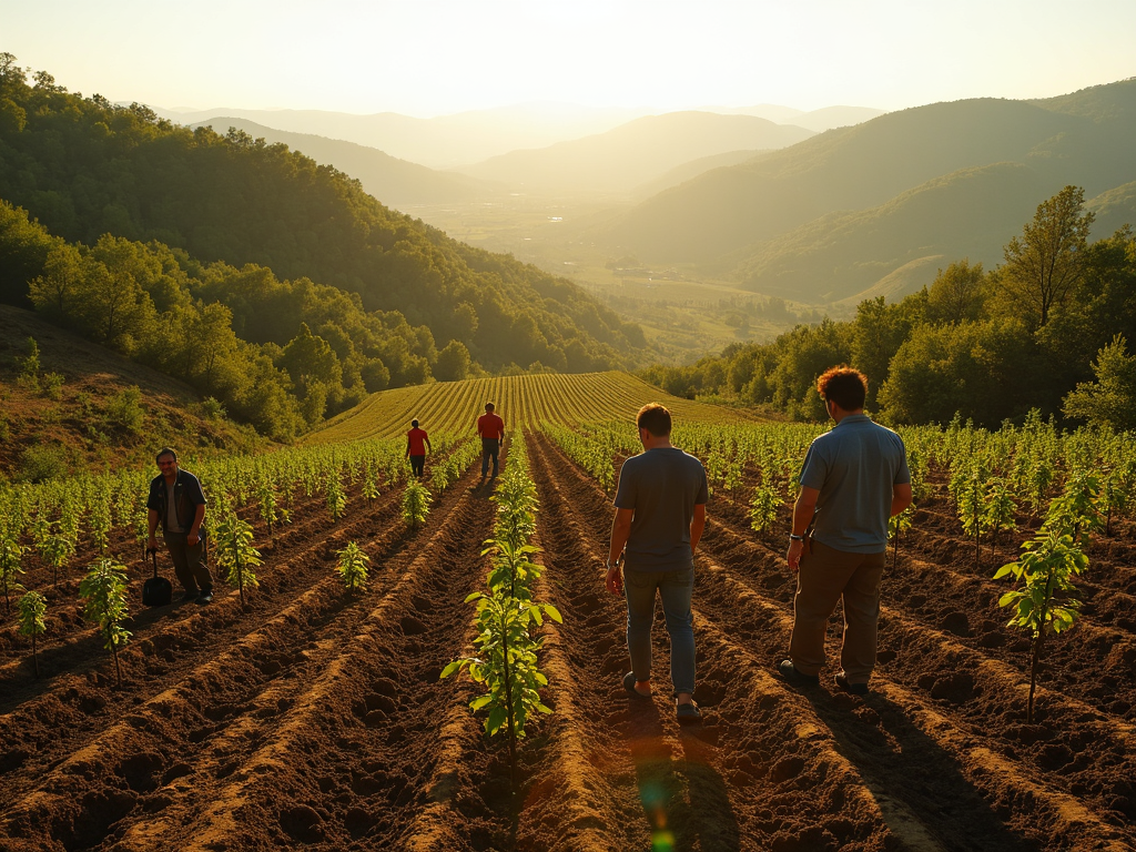 Volunteers finishing a tree-planting project on a restored hillside.