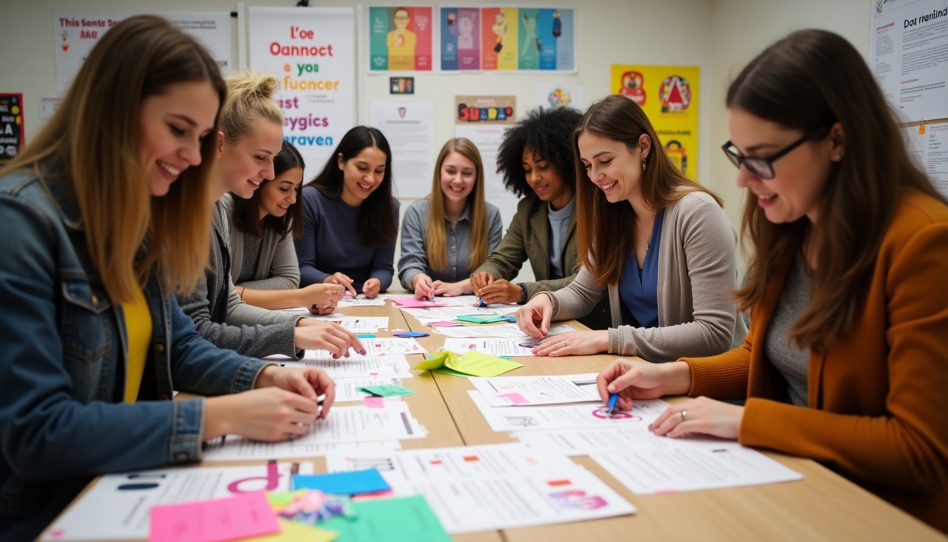 A group of volunteers assembling materials for an awareness campaign.