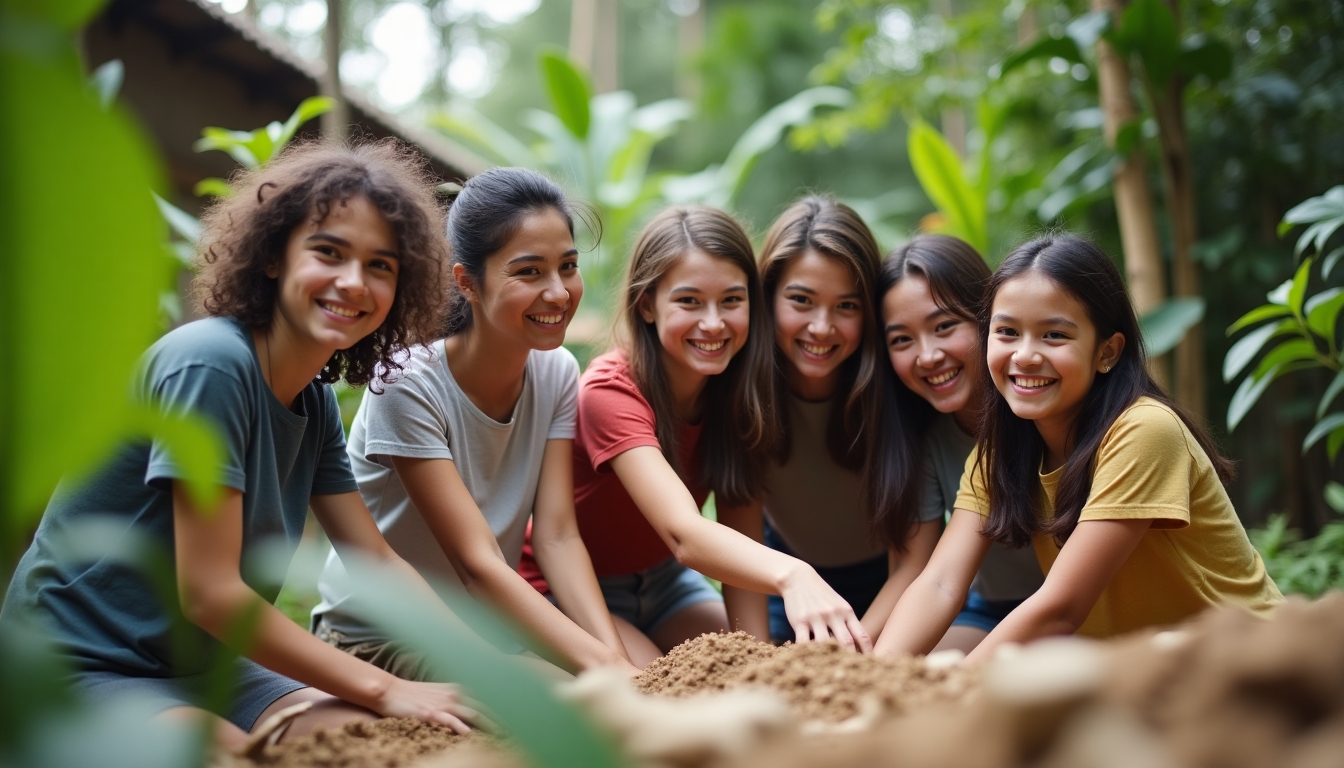 A group of college students volunteering in a vibrant international setting.