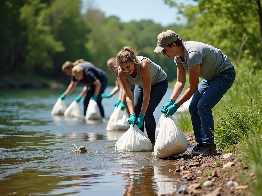 Volunteers cleaning a river during an environmental service learning project