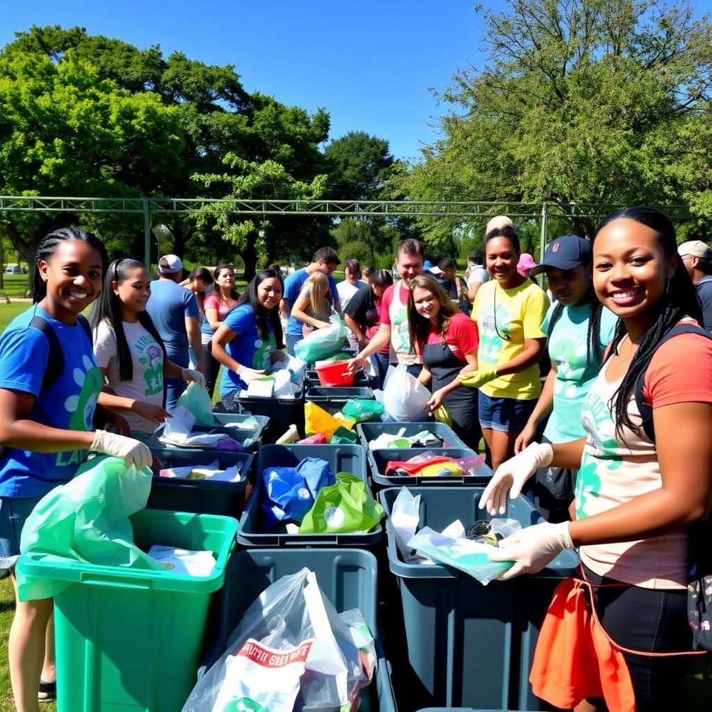 Volunteers at a community cleanup event sorting recyclables in a sunny park.