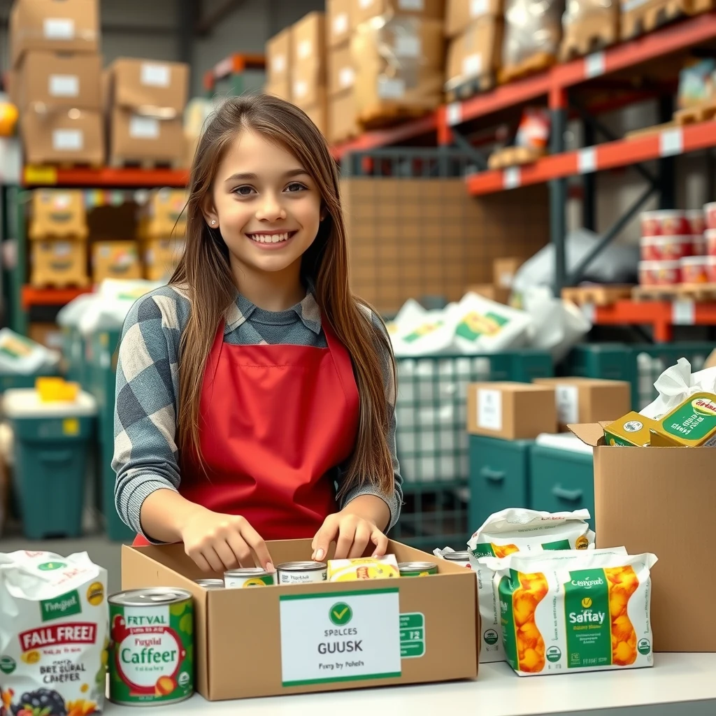 Teen girl enthusiastically volunteering at a food bank