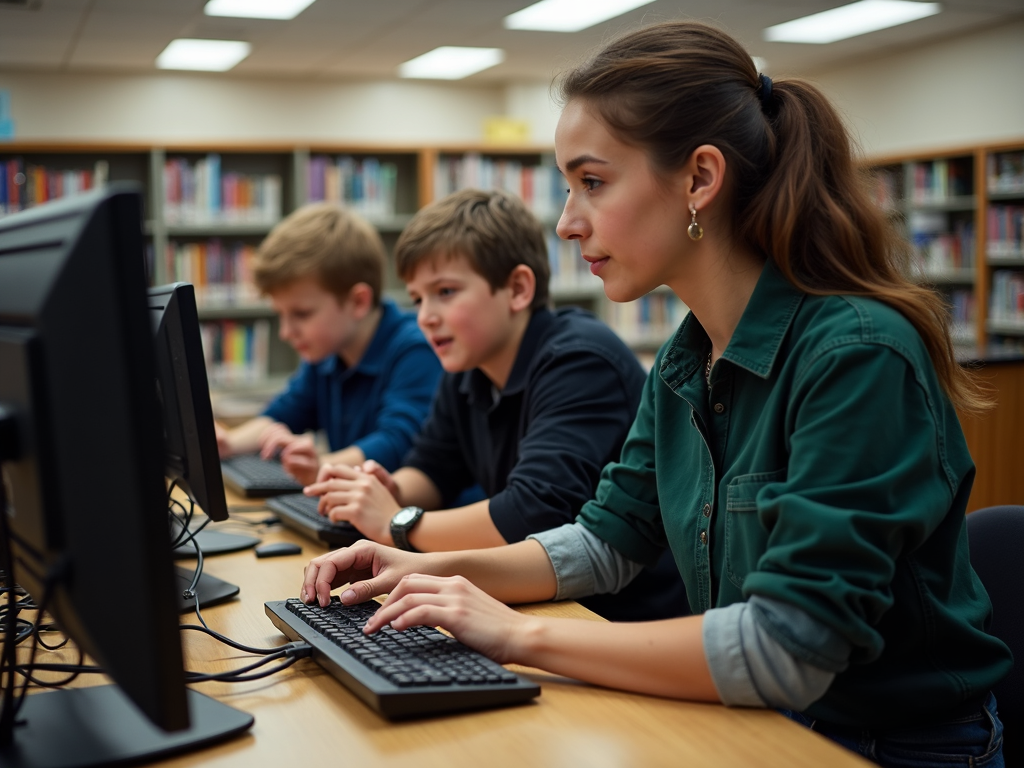 Professional fixing computers for students in a library.