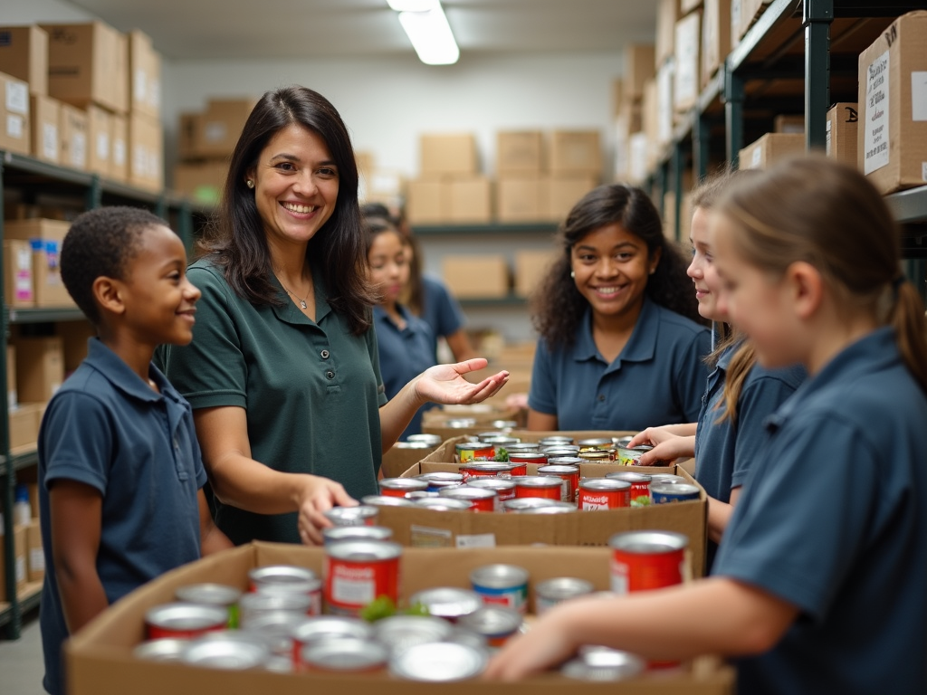 Teacher and students volunteering at a food pantry