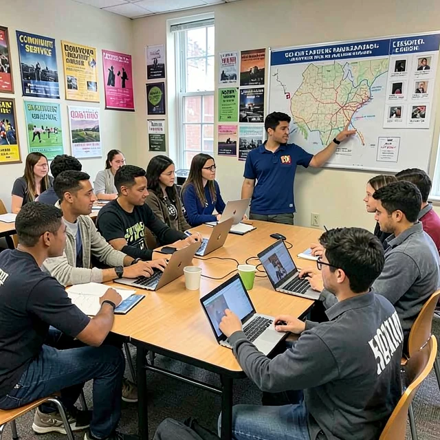 Students planning service learning projects in a classroom