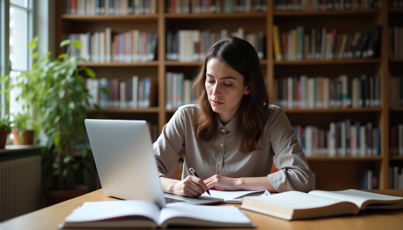 A volunteer analyzing data on a computer in a library, concentrating intensely.