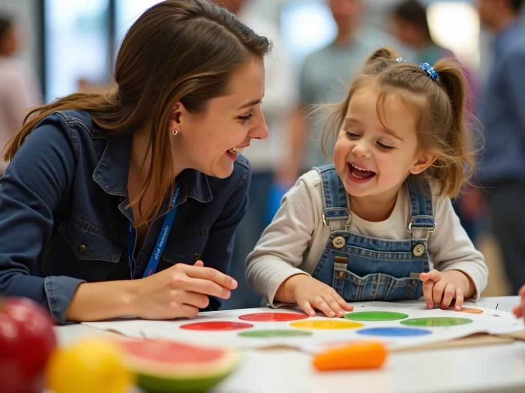 Volunteer engaging a child in a health activity at a fair.
