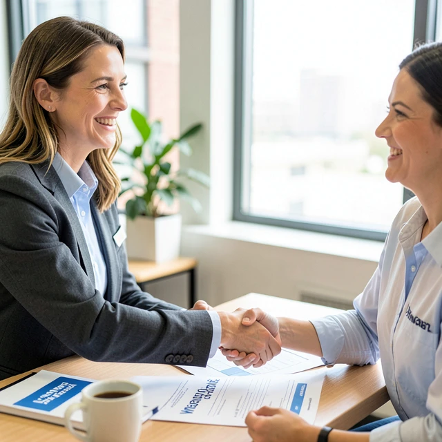 Nonprofit leader welcoming a new volunteer with a handshake and smile