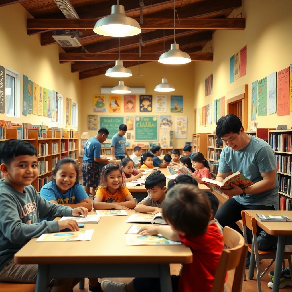 Volunteers helping children read in a cozy, colorful community reading room