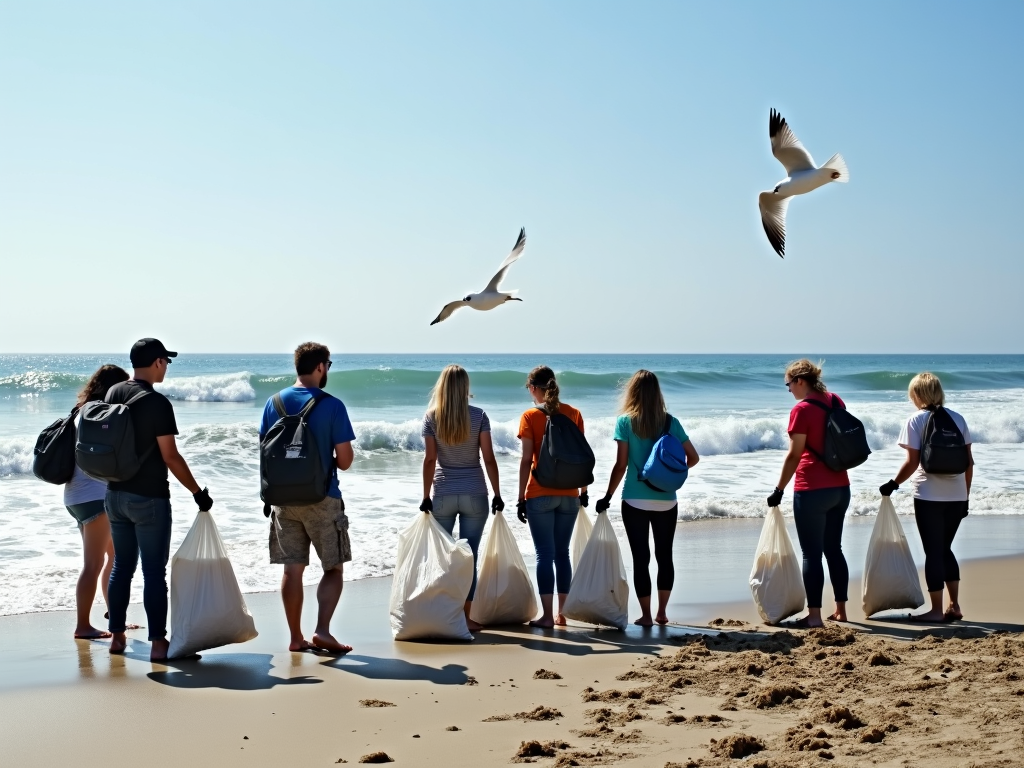 Beach cleanup crew working along the shore
