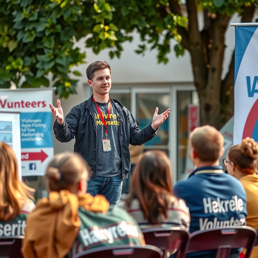 Young leader motivating a group of volunteers at a charity event