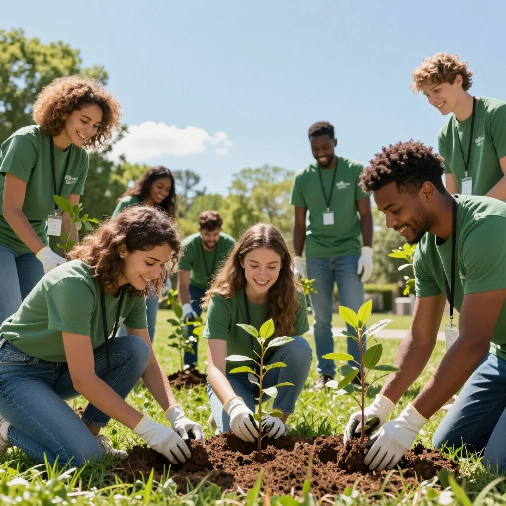 Diverse volunteers planting trees together in a sunny park