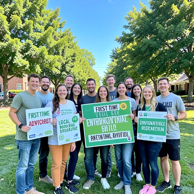 Group of enthusiastic first-time volunteers at an outdoor advocacy event