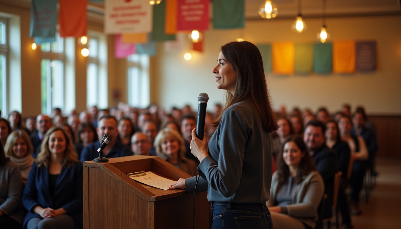 A volunteer passionately speaking at a podium during a community meeting.
