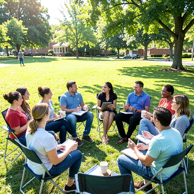 Diverse community members in a circle discussing local issues during an organizing meeting
