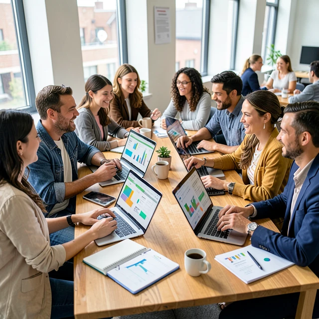 Nonprofit team collaborating with digital tools on laptops