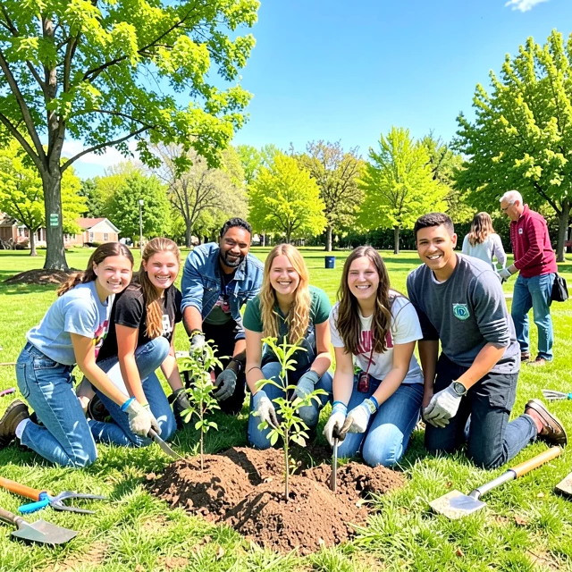 Diverse students volunteering together to plant trees in a local park