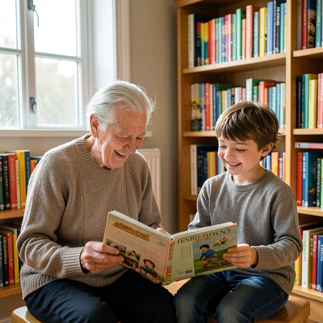 Mentor and child sharing a reading moment in the library