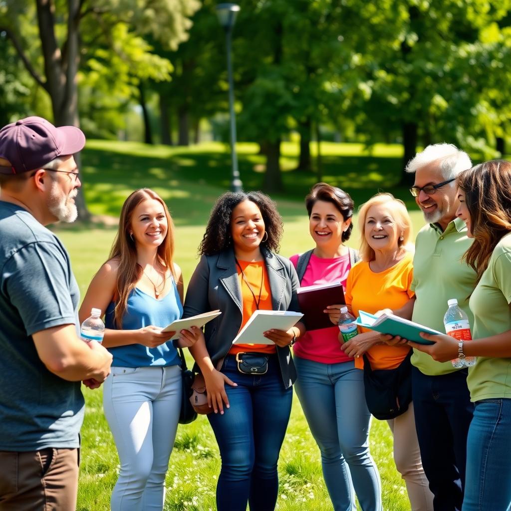 A group of volunteers discussing in a sunny park, holding clipboards and smiling.