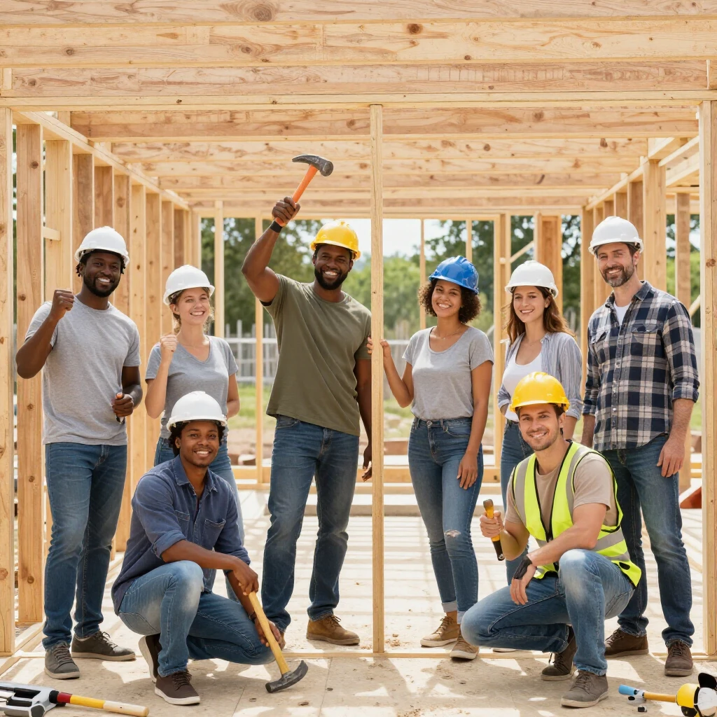 Volunteers building a house together for a community project