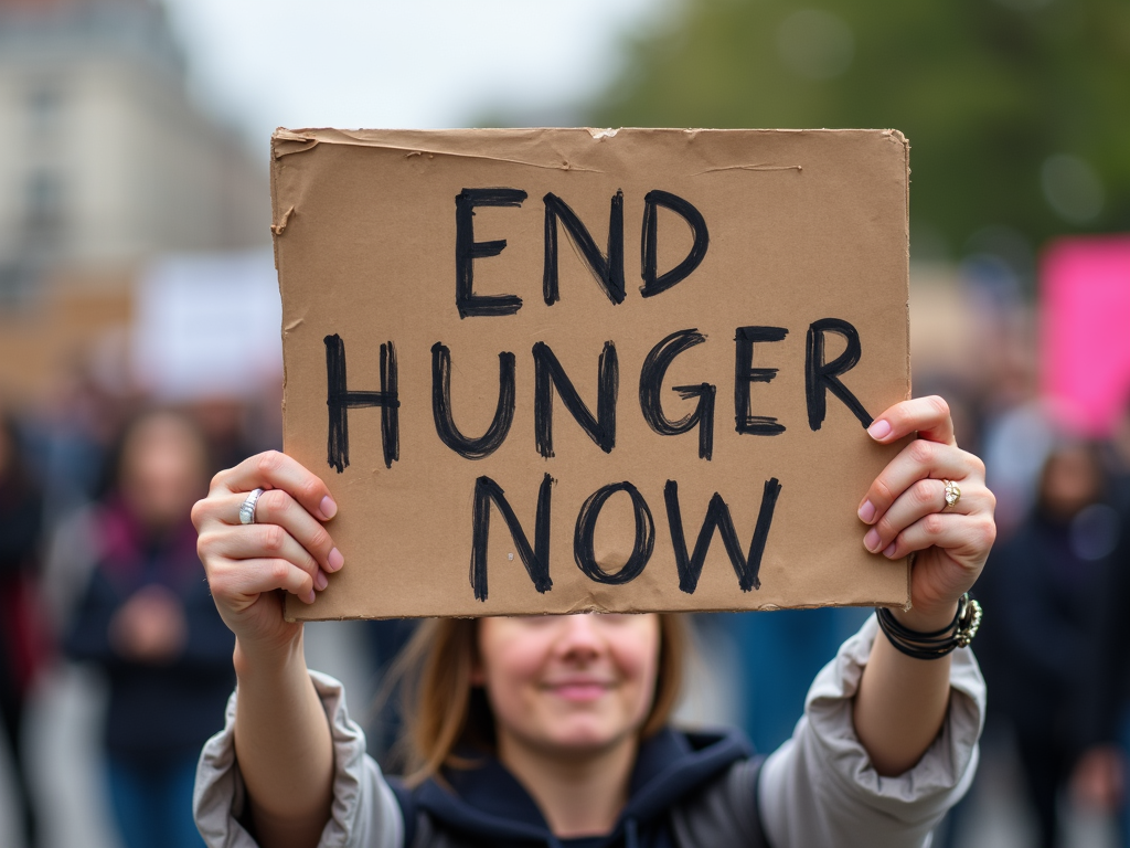 Volunteer holding a sign at a hunger rally