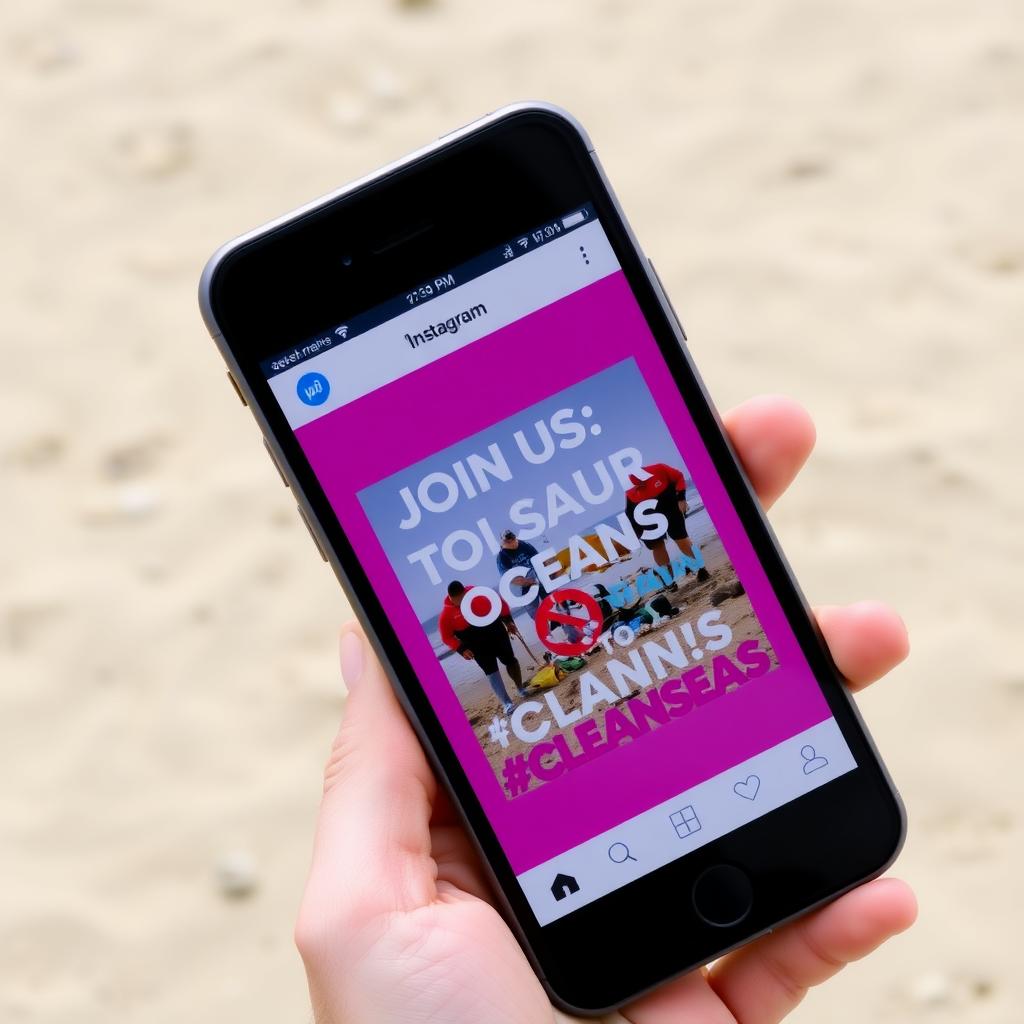 Smartphone displaying an Instagram post about a beach clean-up event
