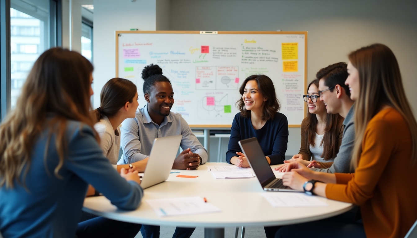 A lively debate among a diverse group of people in a modern office space, discussing advocacy strategies.