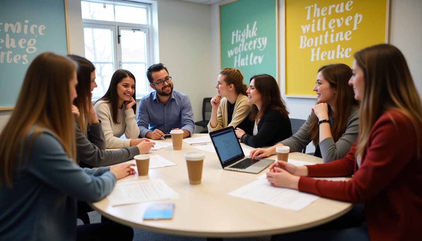 A diverse team discussing their plans over a table filled with papers and a laptop, representing teamwork in service learning projects.