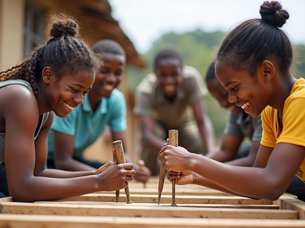 Volunteers building a house in a rural community.
