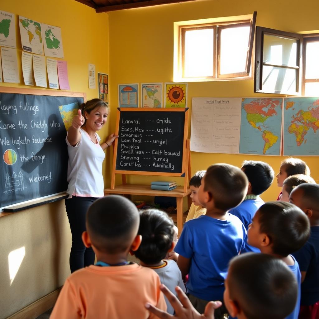 A volunteer teaches children basic phrases in a colorful classroom filled with handmade posters and sunlight.