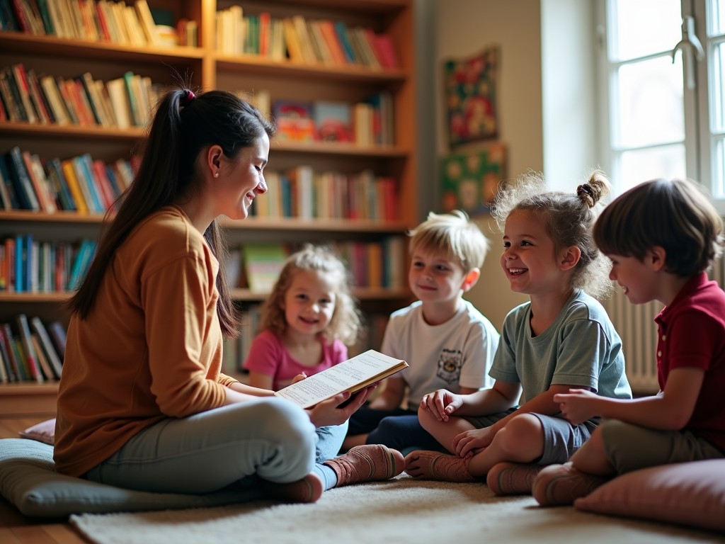 Volunteer organizing a book reading session in a community library.