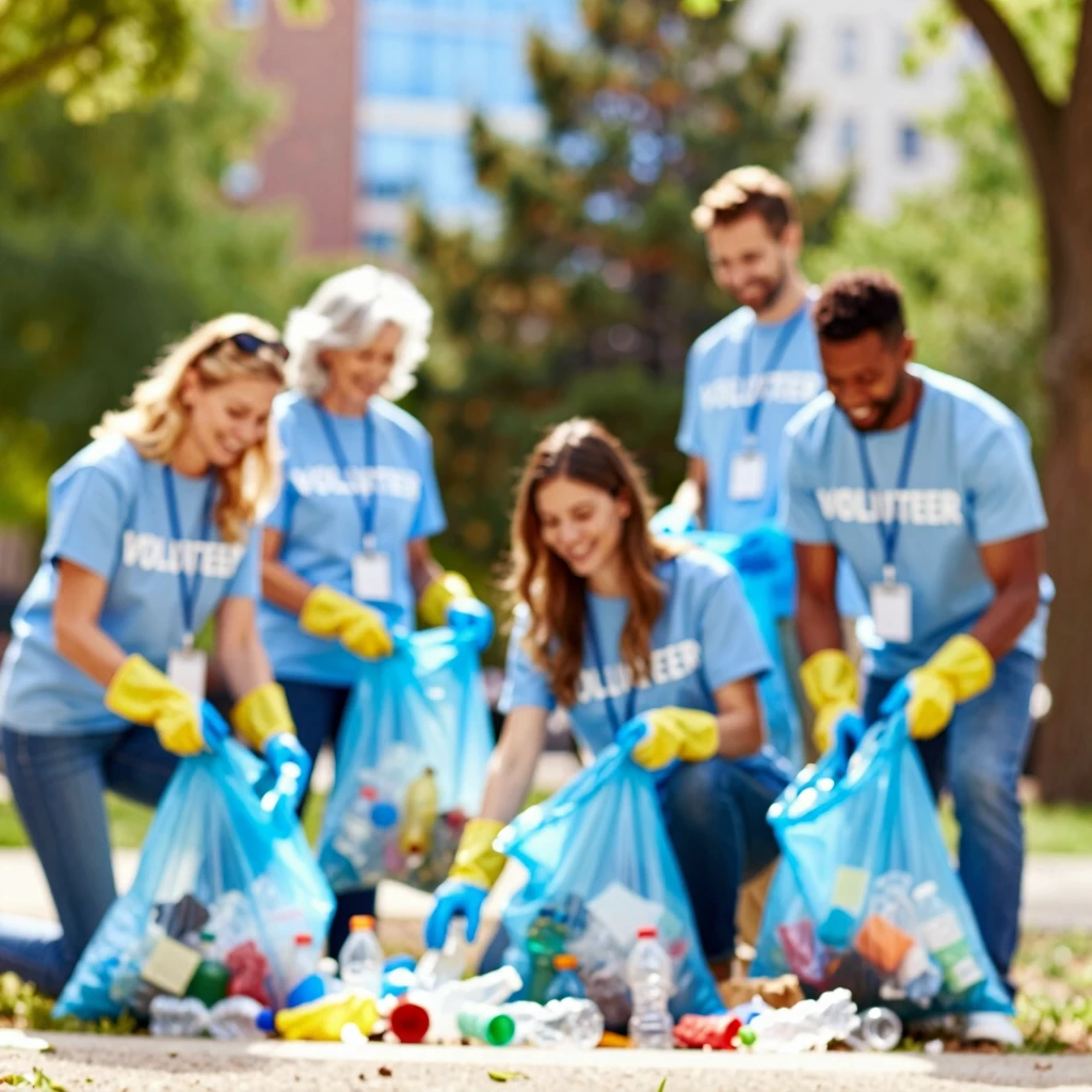 Group of environmental volunteers cleaning up an urban park