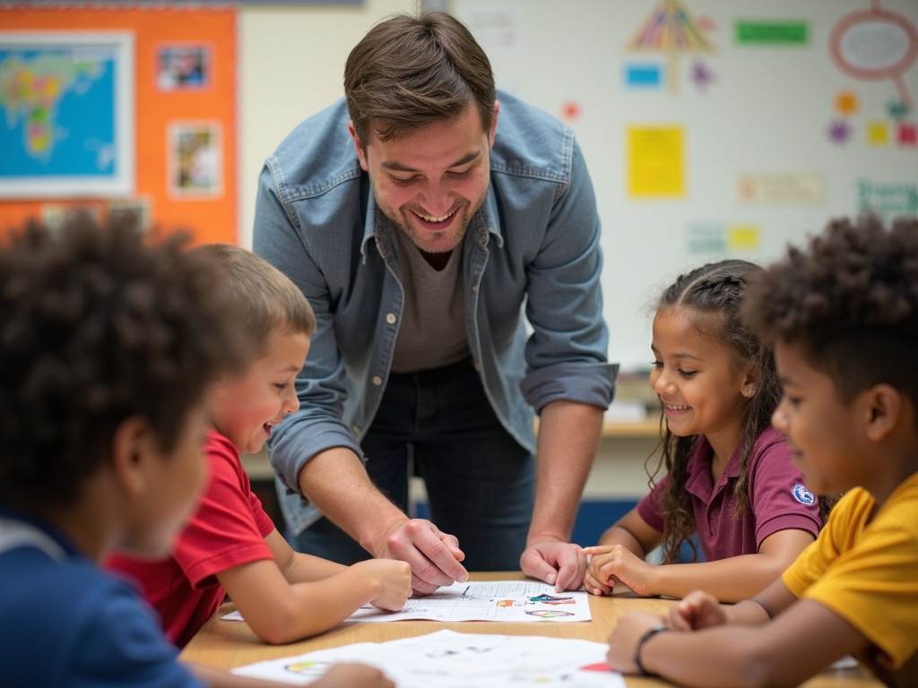Volunteer teaching students, demonstrating the combination of advocacy and volunteer work.