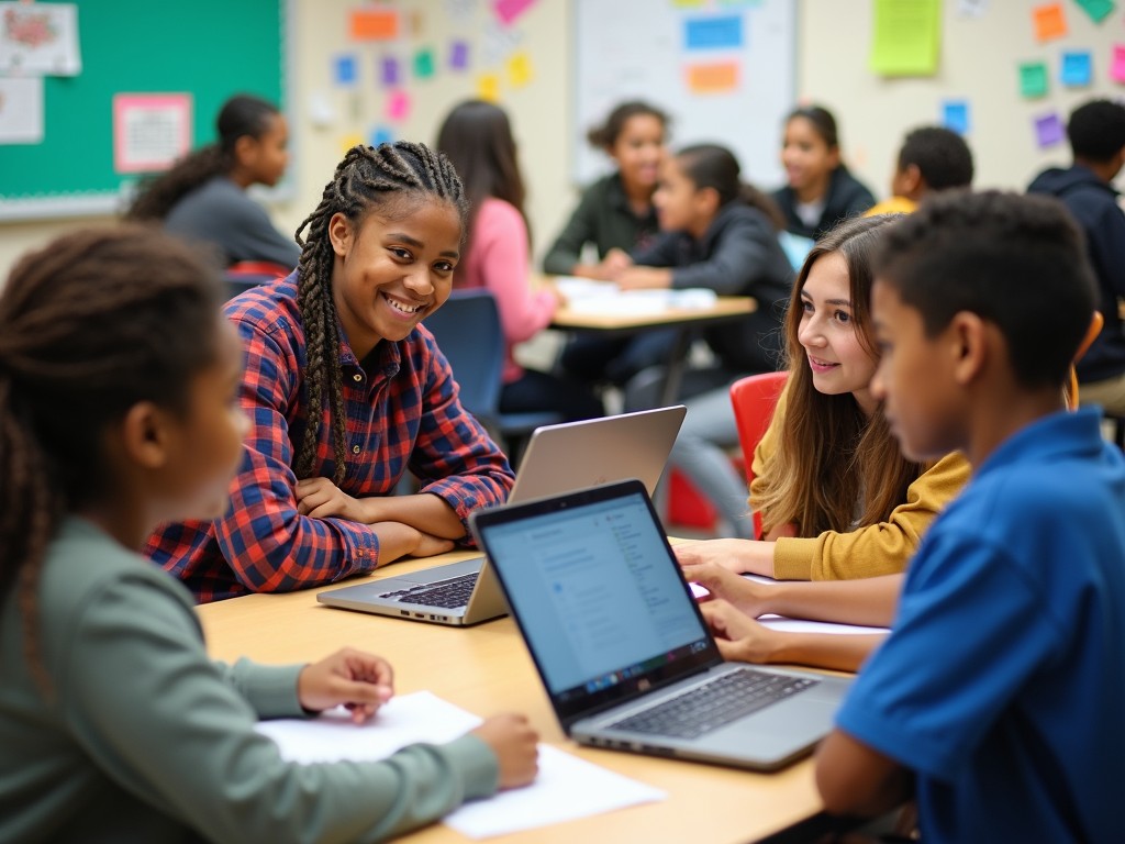 Students collaborating on a community project, utilizing laptops and poster boards, demonstrating teamwork and creativity.