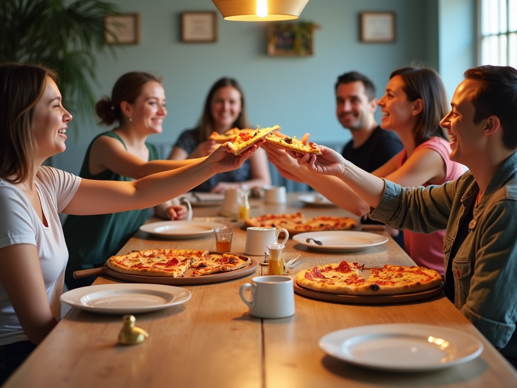 Volunteers celebrating with pizza after a successful project.