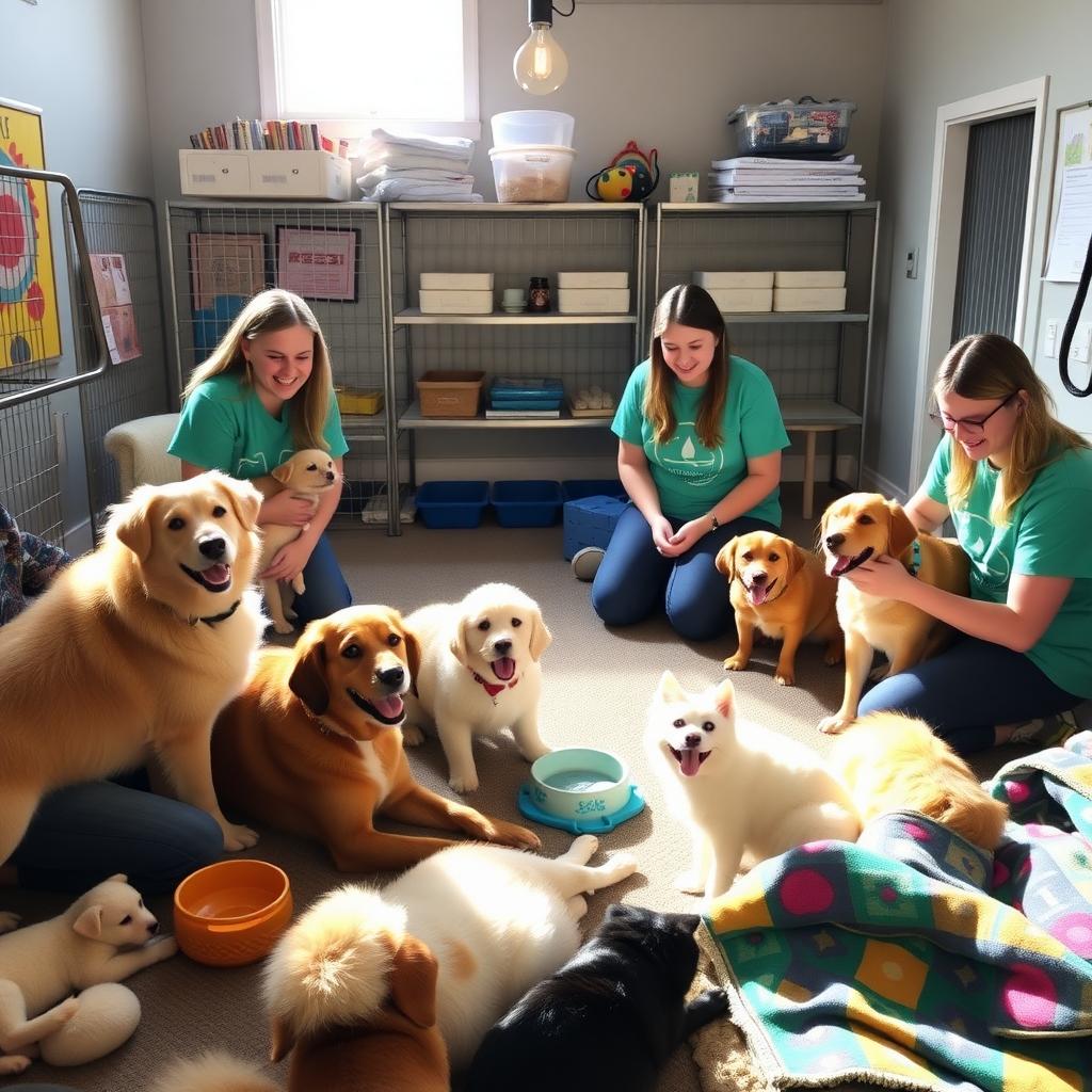 Volunteers playing with pets at an animal shelter.