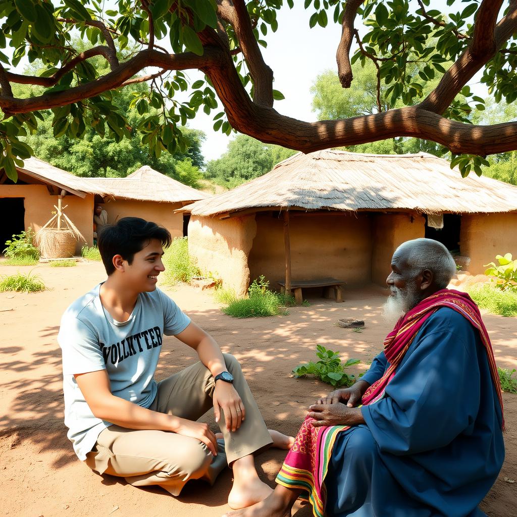 A volunteer talks with a Ghanaian elder under a tree, surrounded by mud huts and greenery in warm afternoon light.