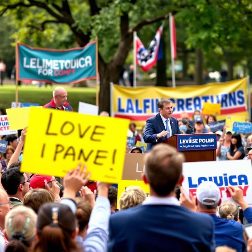 A lively campaign rally with a diverse crowd cheering and holding signs in a park.