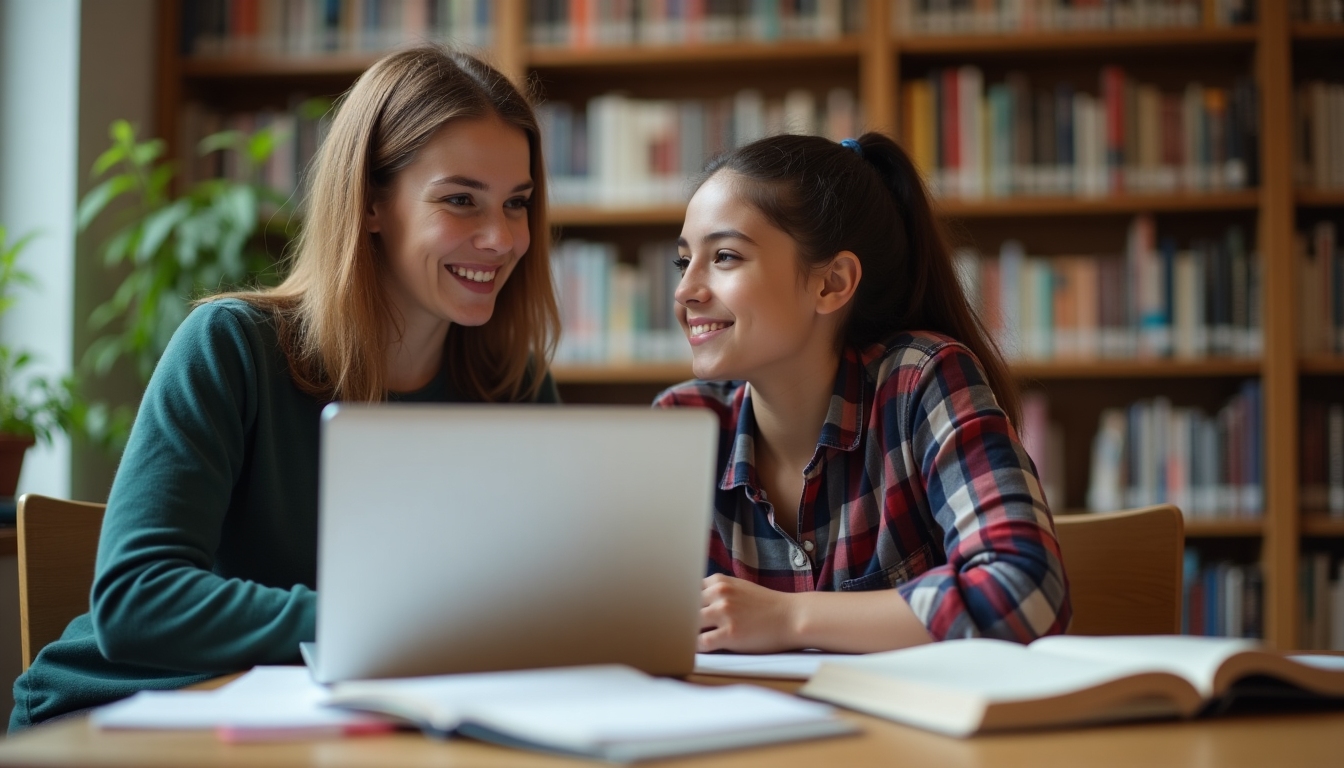Volunteer mentoring a teenager in a library