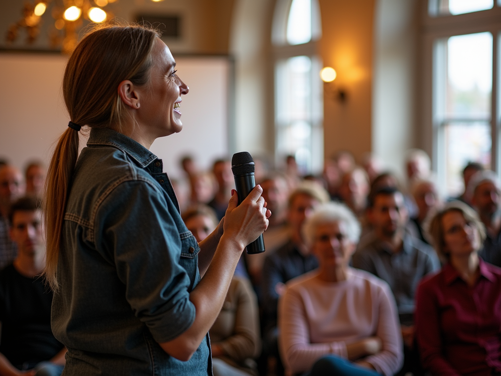 A volunteer speaking at a local community event.