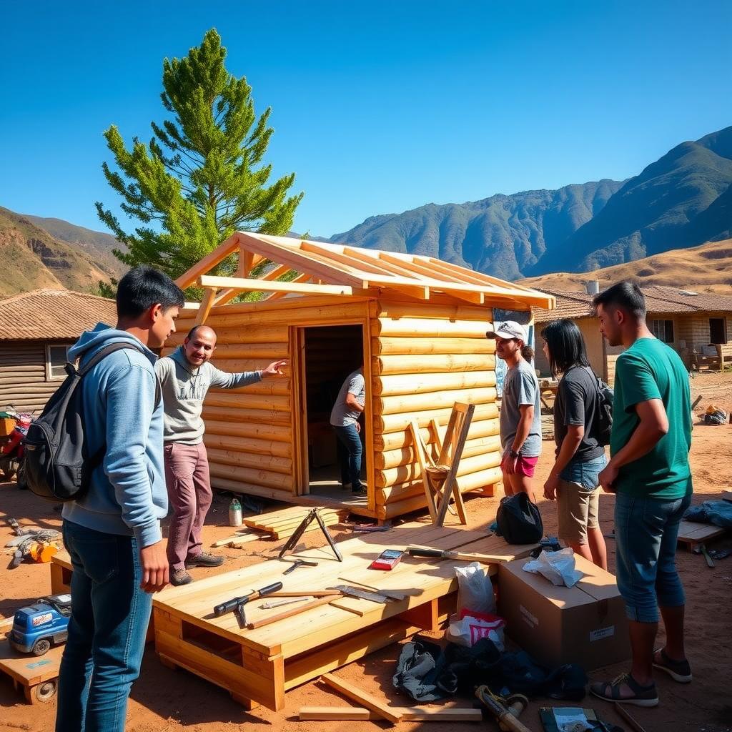 College students and locals collaborate to build a wooden house in a South American village with mountains in the background.
