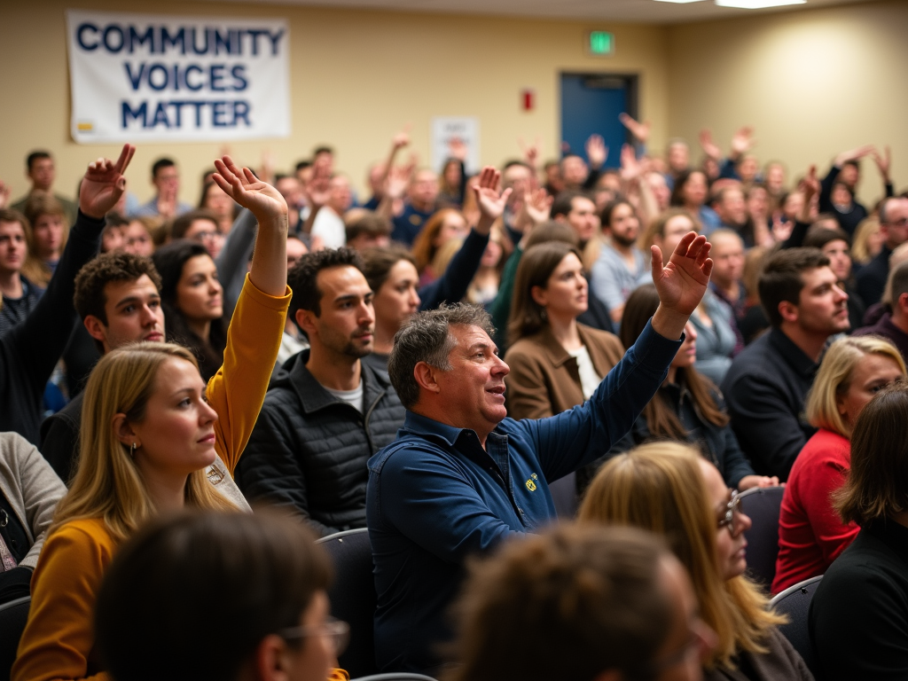A town hall meeting with engaged community members.