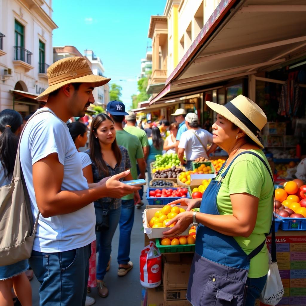 Volunteer practicing Spanish at a vibrant street market with a fruit vendor.
