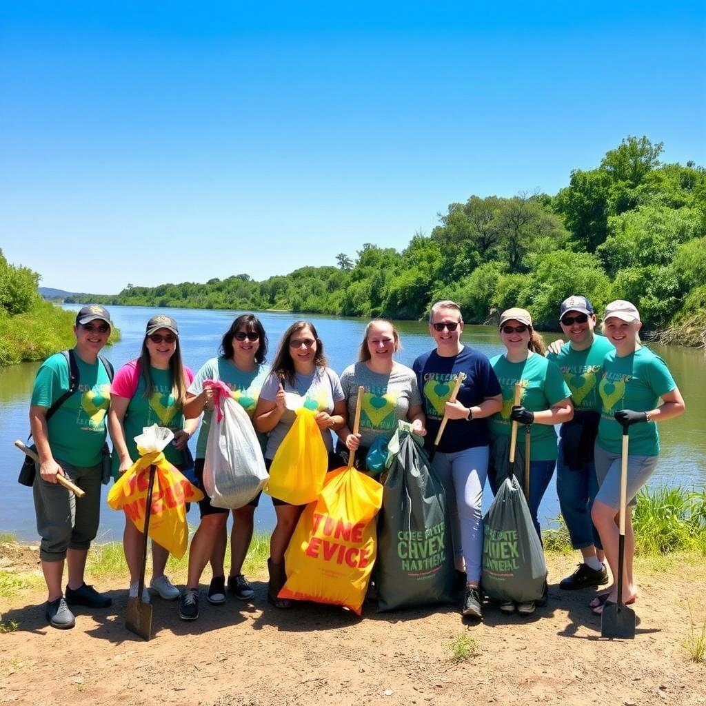 Volunteers standing proudly in front of a clean river after a cleanup event.