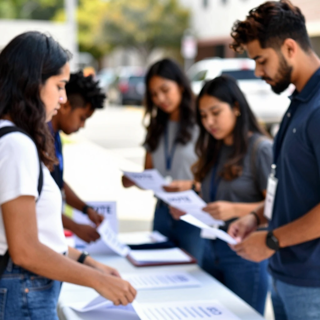 Young adults engaged in civic activities like voter registration in a community setting
