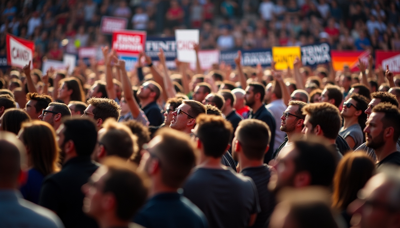 Crowd attending a political rally, engaged in the speech